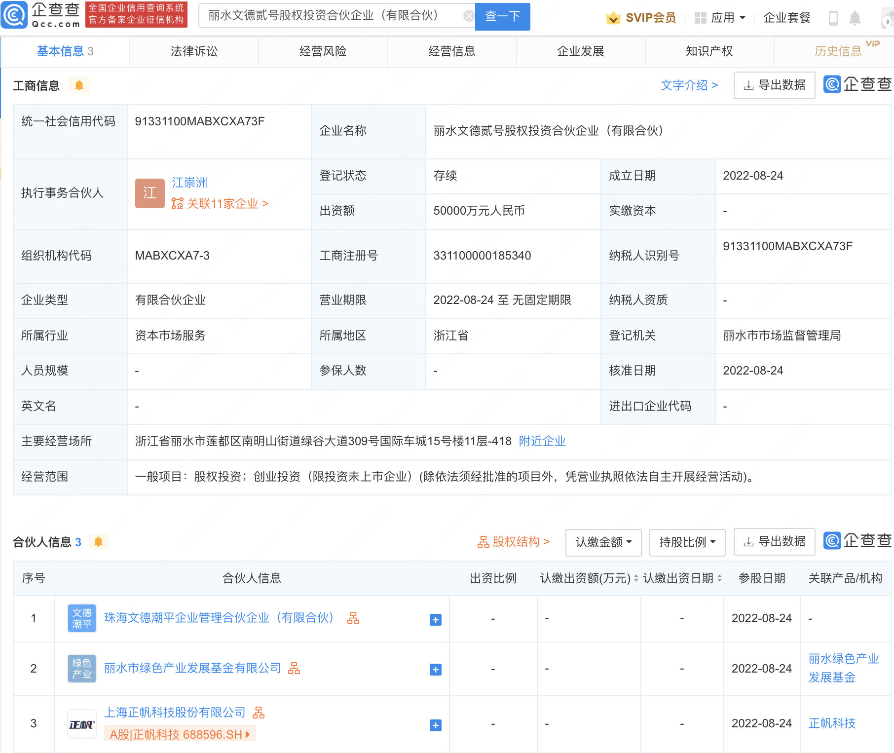 正帆科技参股成立股权投资公司注册资本5亿元