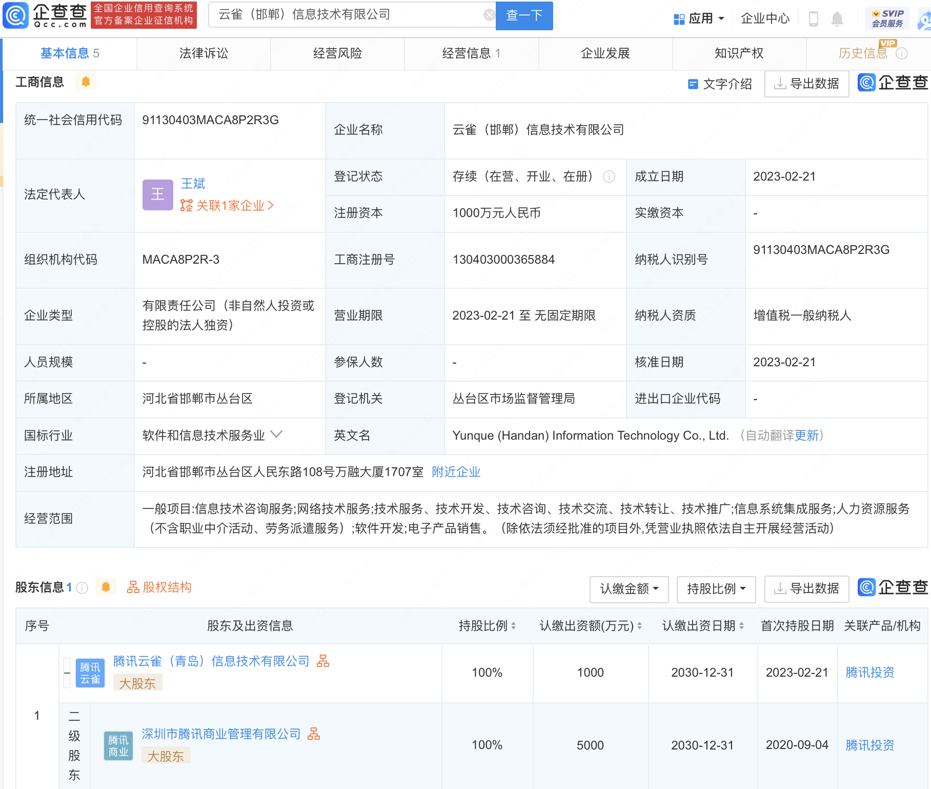 
     腾讯于河北邯郸投资设立信息技术新公司 
    