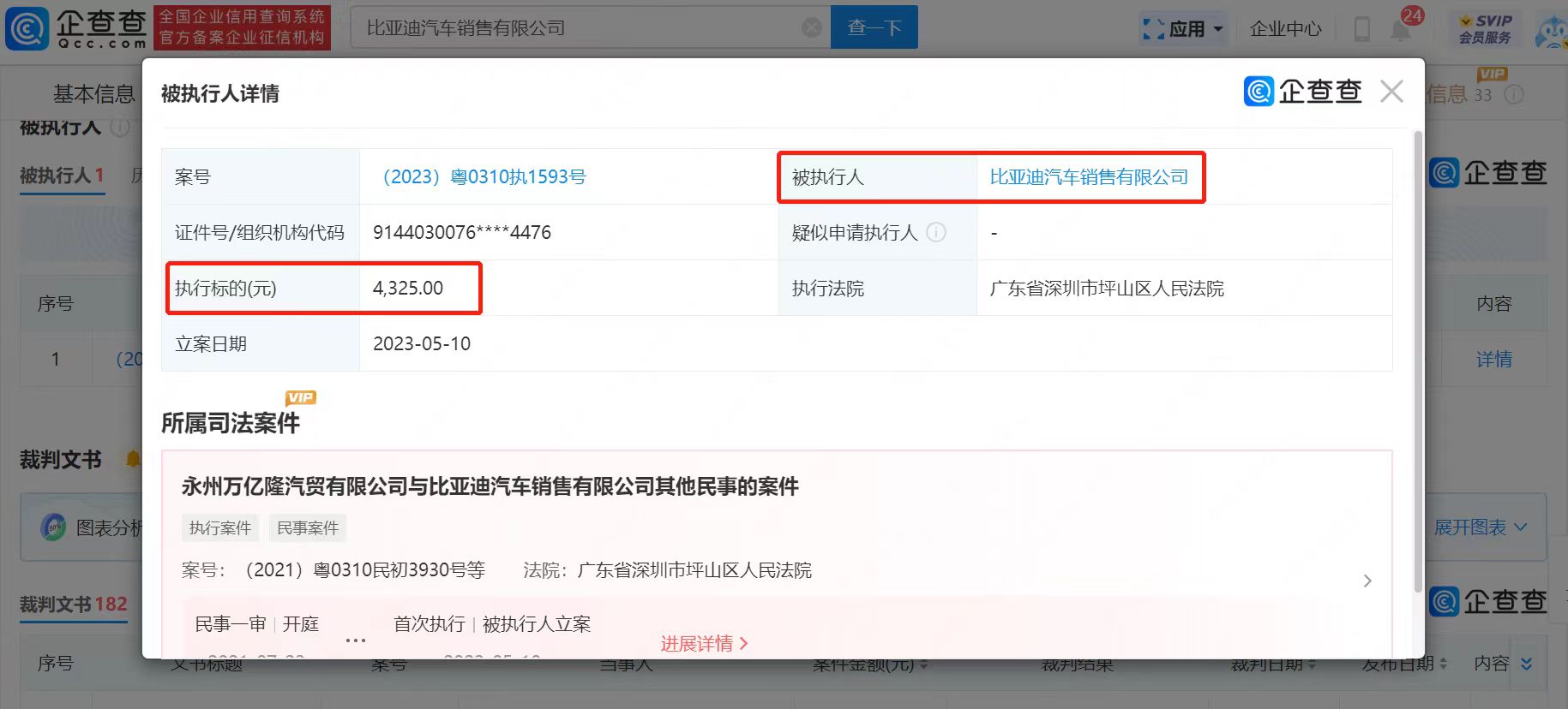 
     比亚迪销售公司成被执行人 
    