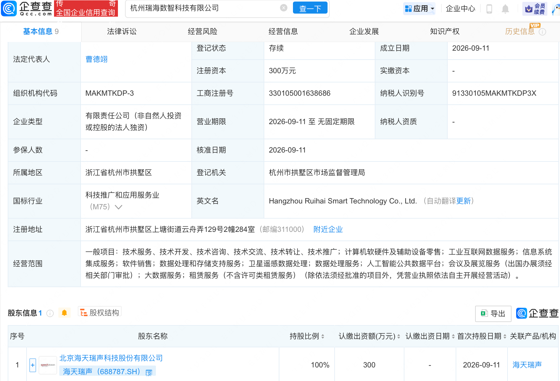 海天瑞声新设数智科技公司,含卫星遥感数据处理业务