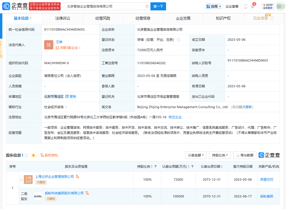      蚂蚁集团7.2亿元在北京成立新公司     