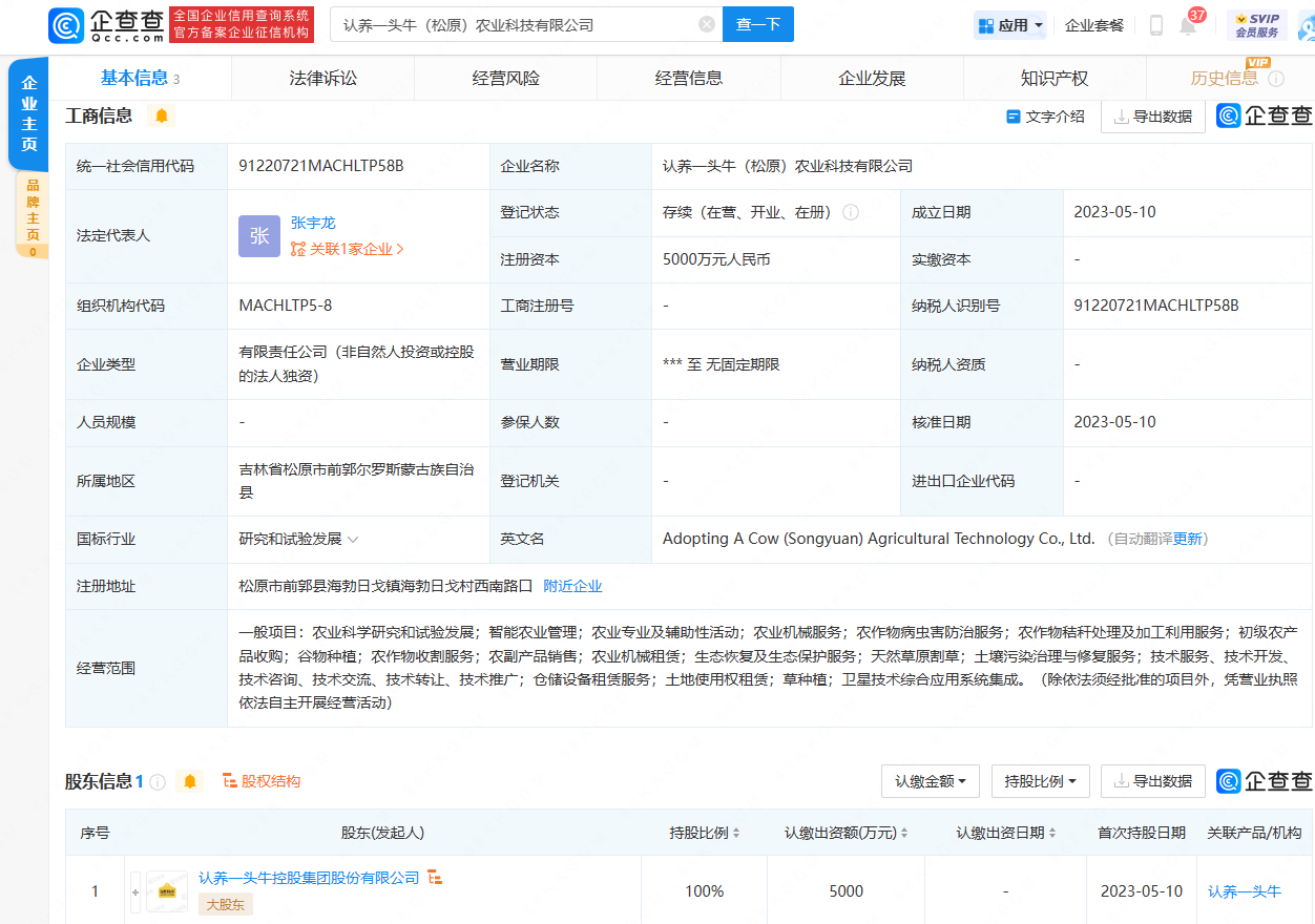 
     认养一头年成立农业科技公司，经营业务含智能农业管理 
    